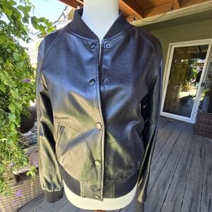 Aqua Black Faux Leather Bomber Jacket with Snap Buttons | Size Small